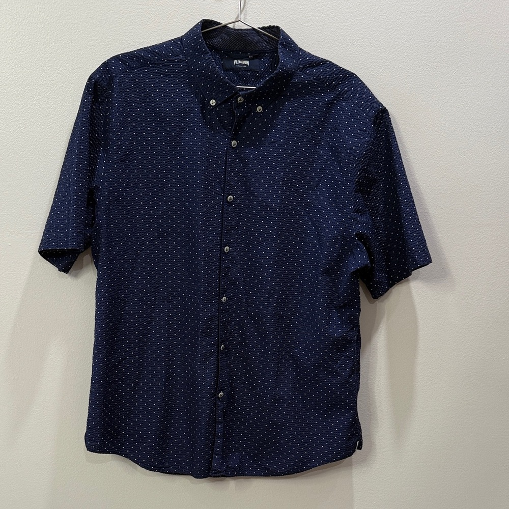 Vilebrequin Men’s Navy Blue Button-Up Seersucker Shirt with polka dot design XXL
